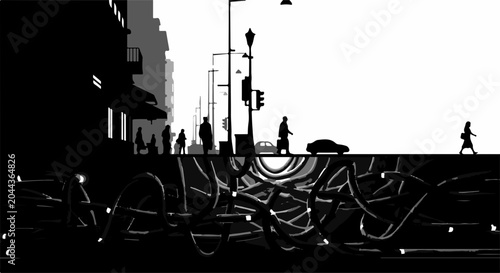 Urban network of lights and connections beneath a street scene with silhouetted pedestrians and traffic.
