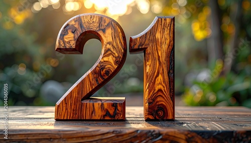 Wooden number twenty-one on table.