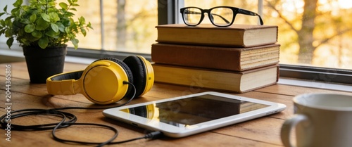 Yellow Headphones Tablet and Old Books for a Quiet Afternoon of Reading and Listening