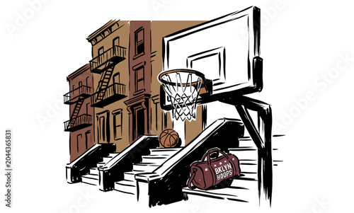 Canvastavla Gritty Brooklyn basketball hoop and gym bag by brownstone apartment stairs, urban hand-drawn sketch for streetwear apparel and city branding