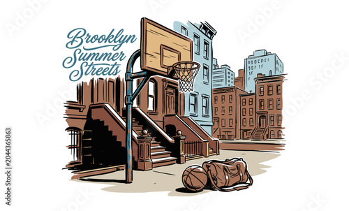 Vintage urban Brooklyn street basketball scene with brownstone architecture and sports gear, retro hand-drawn illustration for t-shirt design