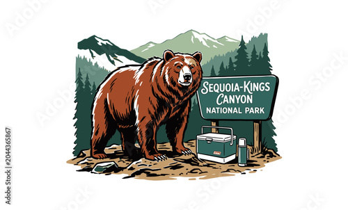 Vintage grizzly bear standing by Sequoia-Kings Canyon National Park sign with camping gear, retro graphic illustration for t-shirt design and souvenirs