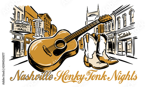 Retro Nashville Honky Tonk Nights acoustic guitar and cowboy boots on Broadway street, vintage graphic illustration for t-shirt design and posters