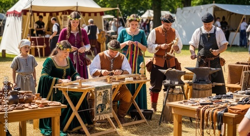 Medieval reenactment fair with craftsmen and traditional market.