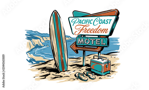 Retro California surf scene with vintage surfboard, cooler, and motel sign on beach, graphic illustration for t-shirt design and lifestyle branding