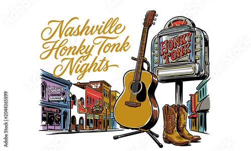 Vintage Nashville country music honky tonk scene with guitar and cowboy boots, retro graphic illustration for t-shirt design and souvenir branding