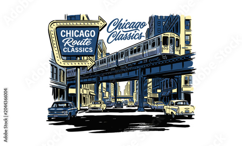 Obraz na plátne Vintage Chicago city street scene with elevated L-train and classic cars, retro