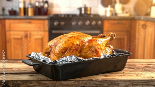 A roasted bird in a pan on a wooden table, kitchen blurred background