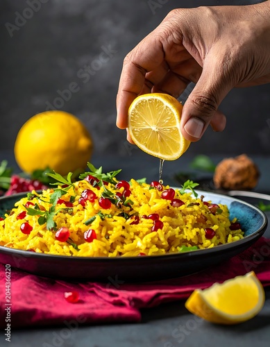 A hand squeezing lemon juice onto a vibrant yellow rice dish