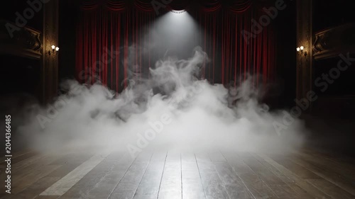 Spotlit smoke rising on a darkened stage with red curtains and wooden floor