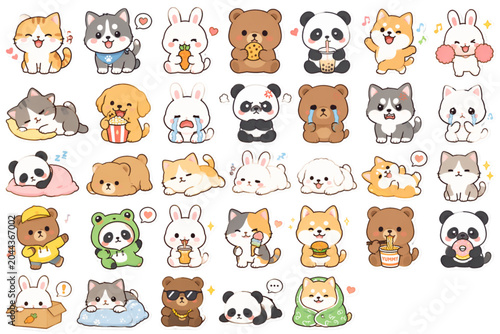 Cute cartoon animals including cats, dogs, pandas, and rabbits are displayed in a digital illustration sticker sheet with happy expressions and colorful designs.