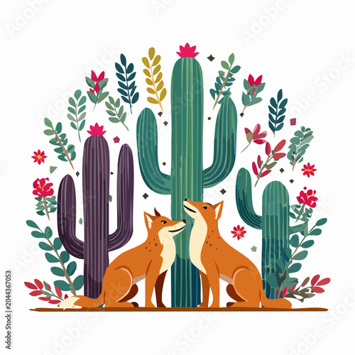 Two Foxes and Desert Flora Illustration