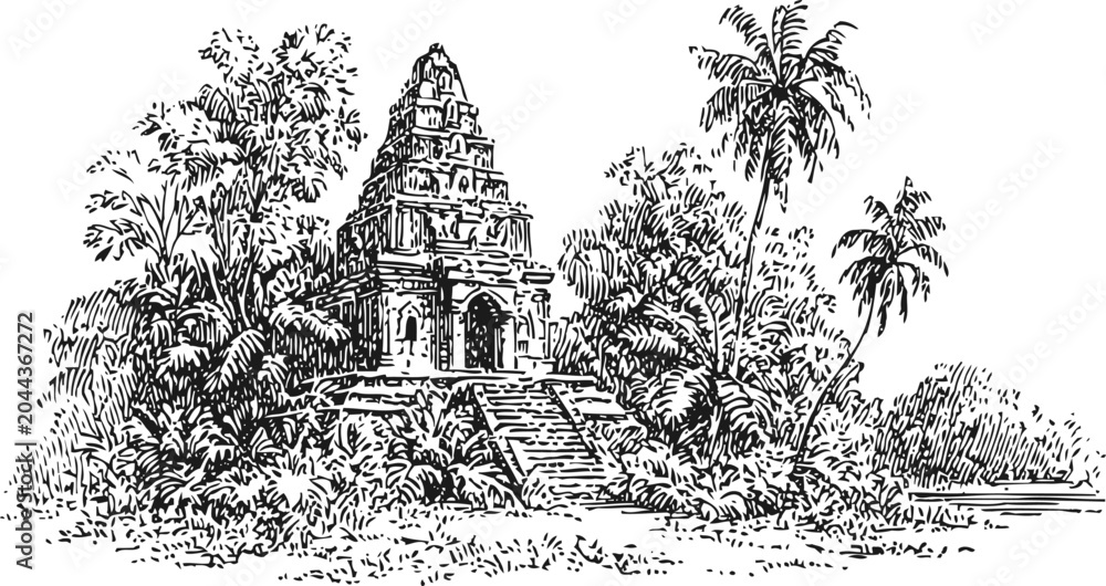 Obraz premium Ancient temple ruins surrounded by tropical trees and lush vegetation engraving illustration