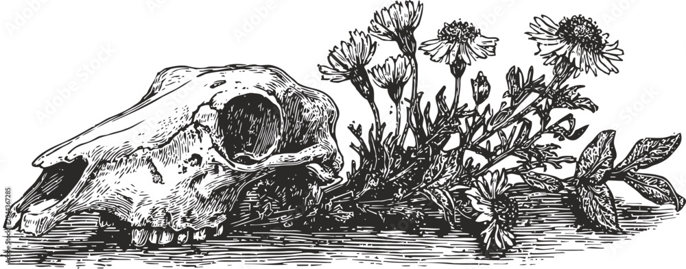 Obraz premium animal skull with wildflowers lying on ground detailed vintage engraving illustration