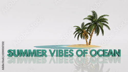 Palm trees standing on a small tropical island beach are featured above the text phrase summer vibes of ocean which rests on a reflective white surface to represent a vacation theme.