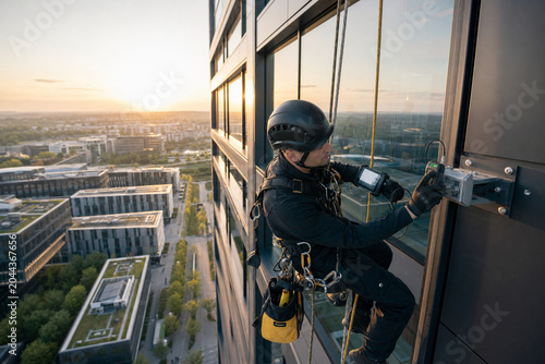 A worker is cleaning windows on a tall building in a city. The sun is setting, creating a bright sky. The worker is wearing safety gear and using tools to complete their task high above the ground.