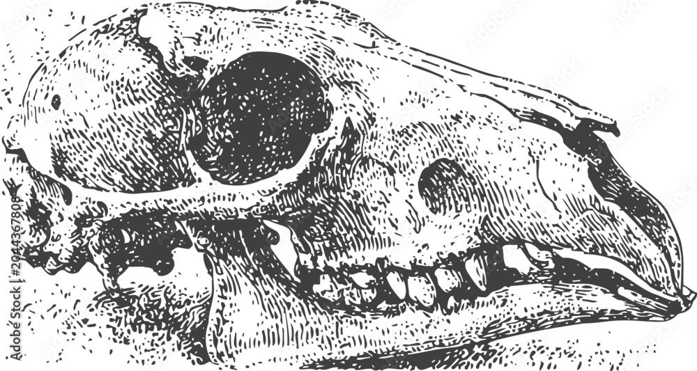 Fototapeta premium Engraving animal skull detailed side view of canine or wolf skeletal head drawing