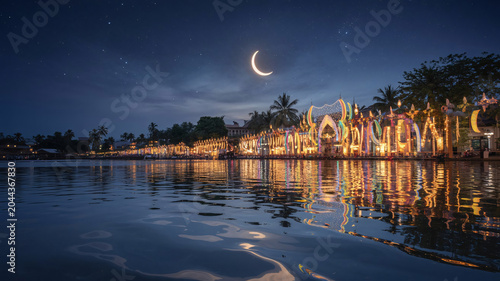Crescent moon shines over a glowing riverbank decorated with vibrant festive lights that reflect beautifully upon the calm water surface during a peaceful evening in a tropical landscape setting.