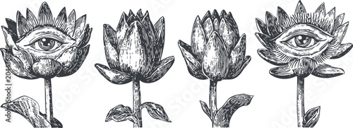 vintage hand drawn lotus flowers with all seeing eye surreal botanical sketches