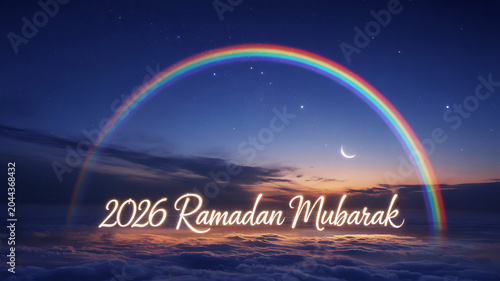 Rainbow arches over a dark blue night sky filled with clouds and a glowing crescent moon to celebrate the arrival of the holy month of Ramadan for the year 2026 with a festive digital greeting.
