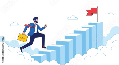 Motivated businessman carrying a yellow briefcase as he runs up a flight of stairs rising through white clouds towards a flag.