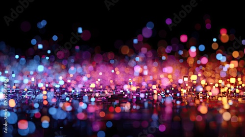 Abstract, vibrant light particles shimmering on a reflective surface