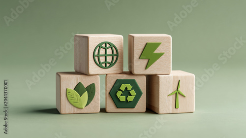 Sustainability and environmental protection concept, Wooden blocks with environmental icons, eco, ecology, environment, environmental, green, nature, recycling, earth, ecological