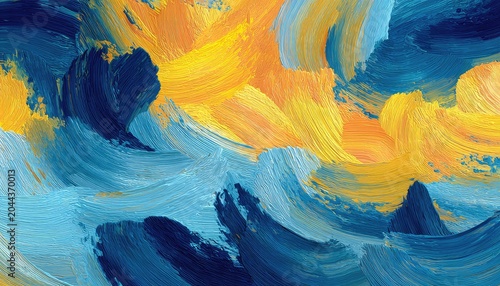 Vibrant abstract art with thick, textured brushstrokes of blue and yellow
