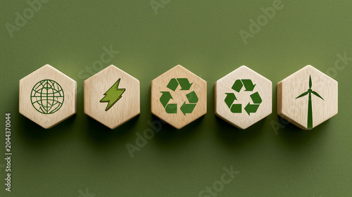 Sustainability and environmental protection concept, Wooden blocks with environmental icons, eco, ecology, environment, environmental, green, nature, recycling, earth, ecological