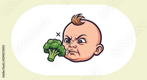 A baby recoils from broccoli, showing disgust and distaste, with an 