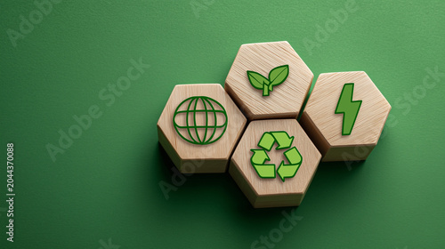 Sustainability and environmental protection concept, Wooden blocks with environmental icons, eco, ecology, environment, environmental, green, nature, recycling, earth, ecological