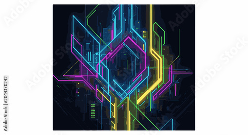 Abstract digital illustration of glowing neon circuit board lines against darkness