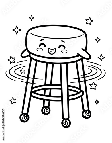 Cute lab stool mascot spinning, science laboratory furniture cartoon outline illustration for kids coloring book.