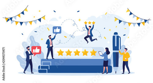 Successful business team celebrating a five star rating achievement with various symbols of approval and festive banners.
