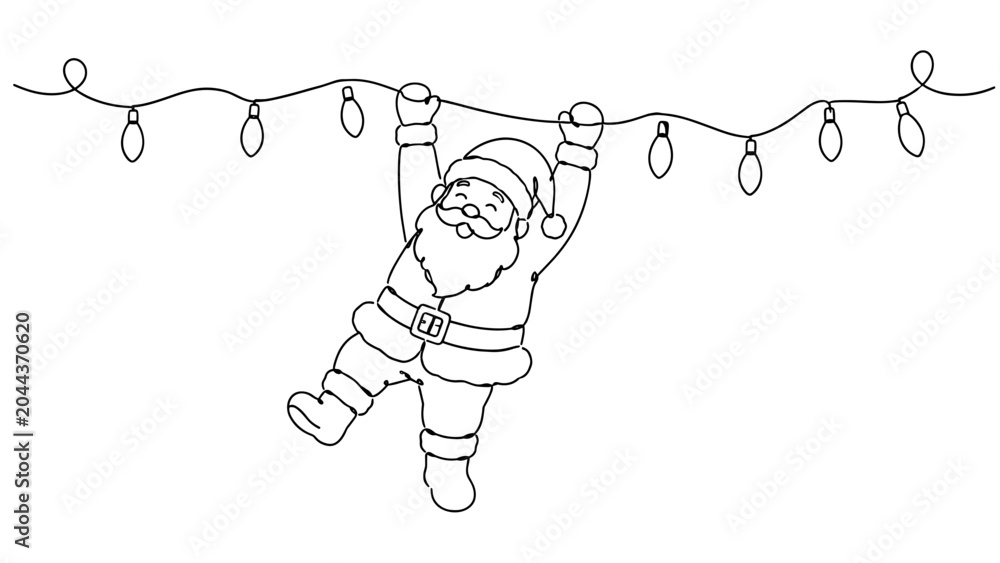 Fototapeta premium Cheerful Santa Claus hanging from festive string lights, symbolizing holiday celebrations, Christmas decorations, seasonal joy and winter traditions.