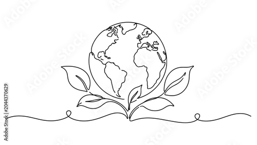 Simple continuous line drawing of a world globe surrounded by leaves, representing environmental protection and sustainable living.