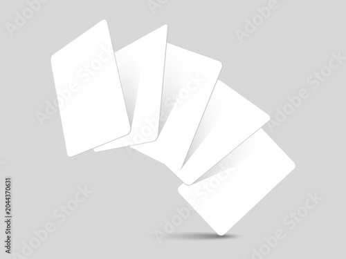 Flying Blank Playing Card and RFID Business Card Mockup Set with Floating White Poker Cards Casino Invitation and Credit Card Template Vector