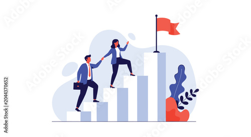 Motivated businesswoman helps a male colleague climb a white bar graph staircase towards a red flag representing shared success.