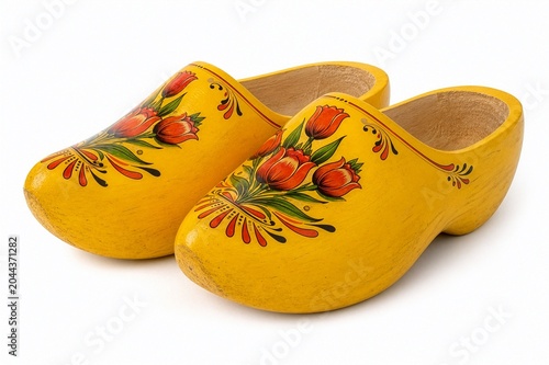 A pair of traditional Dutch wooden clogs- klompen, handcrafted national souvenir, isolated on a white background.