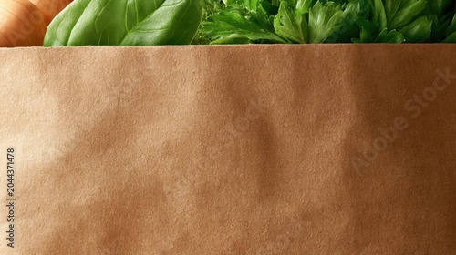 Close-up of a brown paper bag filled with various fresh vegetables. on the left side of the image, there are two onions and a bunch of green leafy vegetables, possibly basil or parsley.