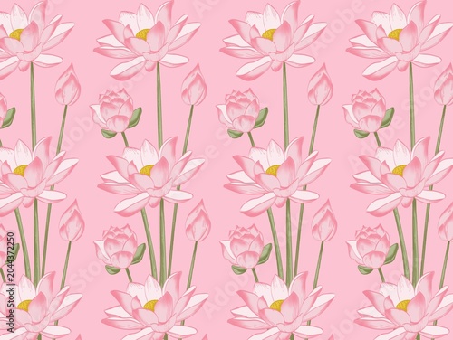Fotografie Seamless pattern featuring pink lotus flowers (Nelumbo nucifera) against a matching pink background
