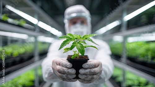 Person in protective suit holds small plant in advanced indoor farm