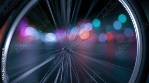 Close-up of a bicycle wheel with a blurred background of colorful lights. the wheel appears to be in motion, with the spokes radiating outwards in a radial pattern.