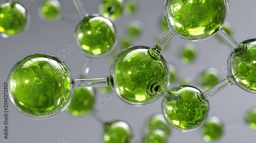 Close-up of glowing green molecules bonded together in a network