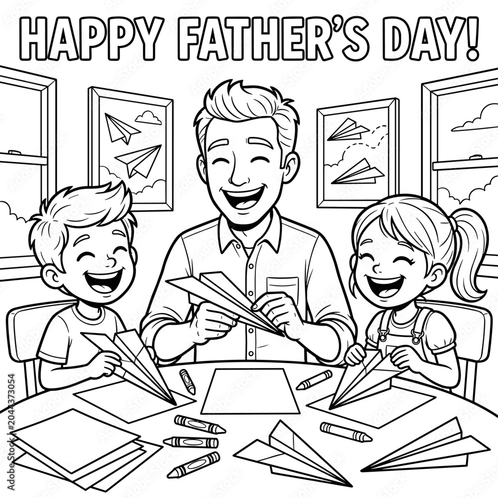 Fototapeta premium Happy Fathers Day coloring page father and kids make paper airplanes