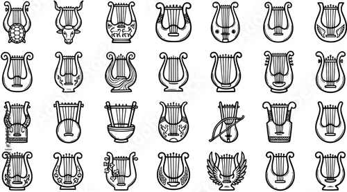 Photos Black and White Line Art Lyre Icon Set: Ancient Musical Instruments and Cultural