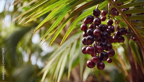 Deep purple berries hang from a palm tree against a blurred background