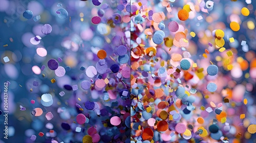 Vibrant multi-colored circles and squares explode and scatter