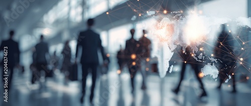 Blurred figures walk past a glowing, interconnected world map