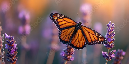 Monarch butterfly rests on purple lavender flowers, soft warm light
